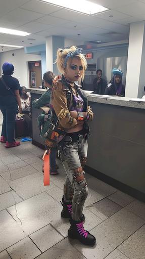 Phone photo taken at a distance of a very realistic and very accurate Tiny Tina from Borderlands 3. She is impatiently waiting in line at the DMV. The photo was posted in 2018 on Reddit. --ar 9:16 --style raw --stylize 50 --v 6.0