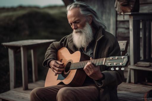 Photo Canon R5, 85mm, DSLR, mature solo acoustic singer-songwriter embodying the Magician archetype with a short grey beard and long plaited ponytail, playing a traditional wooden guitar on log in a coastal countryside setting. Main colours #180578 and #2e7d32 with a little #ffd600 and #c2c7cc. Use complimentary colours as well --v 5 --ar 3:2 --s 750