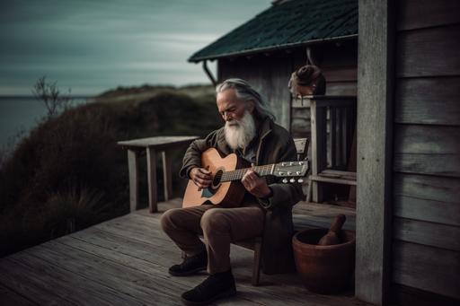 Photo Canon R5, 85mm, DSLR, mature solo acoustic singer-songwriter embodying the Magician archetype with a short grey beard and long plaited ponytail, playing a traditional wooden guitar on log in a coastal countryside setting. Main colours #180578 and #2e7d32 with a little #ffd600 and #c2c7cc. Use complimentary colours as well --v 5 --ar 3:2 --s 750