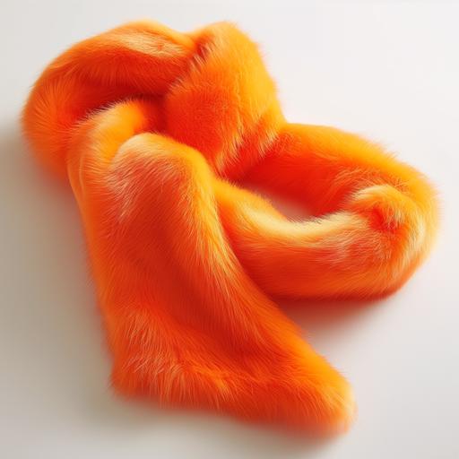 Photo Type: studio still Color Tone: high-contrast, bright highlights, Background: white, solid, Texture: smooth, Subject Focus: a simple orange furry scarf Lighting: direct flash, --v 6.0