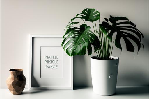 Photo mockup of empty frame displayed inside room interior with white wall background and monstera plant pot nearby --ar 3:2 --v 4