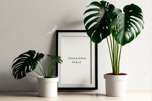 Photo mockup of empty frame displayed inside room interior with white wall background and monstera plant pot nearby --ar 3:2 --v 4
