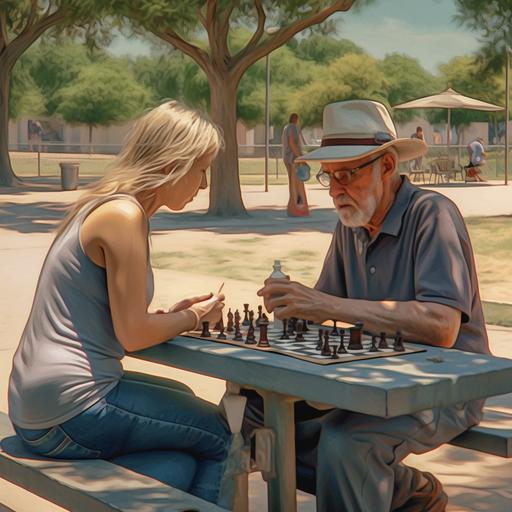 Photo of a 45 year old man and a 45 year old women playing Chess at Community park under shade Ultra Realistic