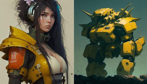 Photo of a beautiful long-haired Asian woman wearing a yellow combat vest and wearing a heart-shaped headband of a small body who is active on the battlefield and a side view of a giant robot next to the woman, --ar 1920:1080