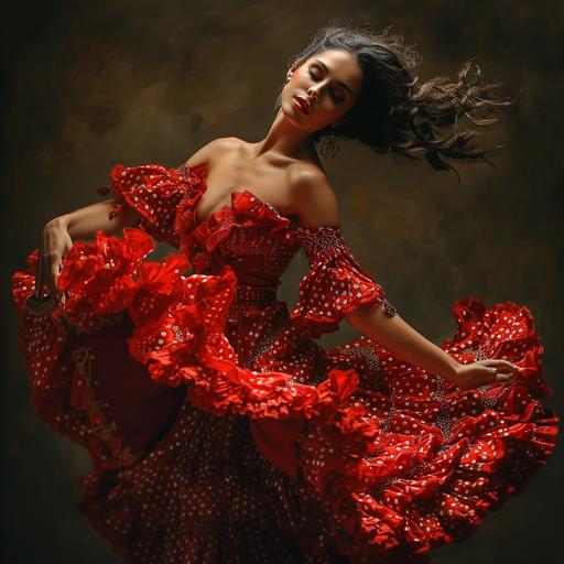Photo of a black-haired flamenco dancer. whole body, a red ruffled dress with white polka dots, castanets in her hands, dancing with her ruffled skirt moving in the wind, overhead light, photographic, ultra detailed --s 250 --v 6.0