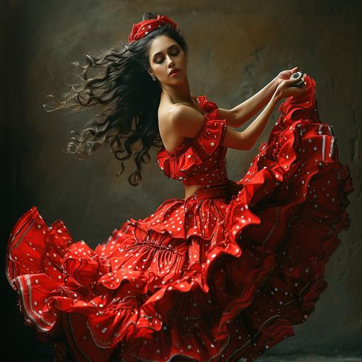 Photo of a black-haired flamenco dancer. with a red ruffled dress with white polka dots, castanets in her hands, dancing with her ruffled skirt moving in the wind, overhead light, photographic, ultra detailed --s 250 --v 6.0
