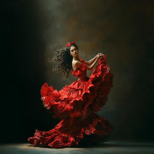 Photo of a black-haired flamenco dancer. with a red ruffled dress with white polka dots, castanets in her hands, dancing with her ruffled skirt moving in the wind, overhead light, photographic, ultra detailed --s 250 --v 6.0