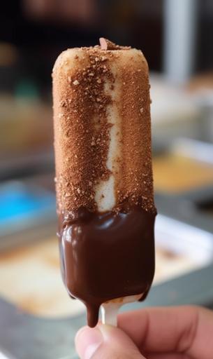 Photo of a double popsicle, on a stick, with holes for a churro-like filling inside. Background cooking workshop. Follow the images in the links as a reference:     --ar 3:5 --v 5 --s 750 --q 2 --v 5 --q 2 --s 750