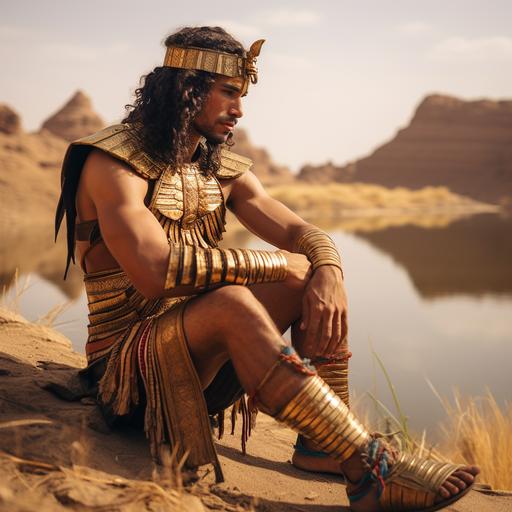 Photo of a handsome male pharaoh , in the Nile river ,looking satisfy, on his knees,his hand on his thigh ,wind, dust, real photography, fujifilm superia, in ancient egypt , full HD, taken on a Canon EOS R5 F1. 2 ISO100 35MM