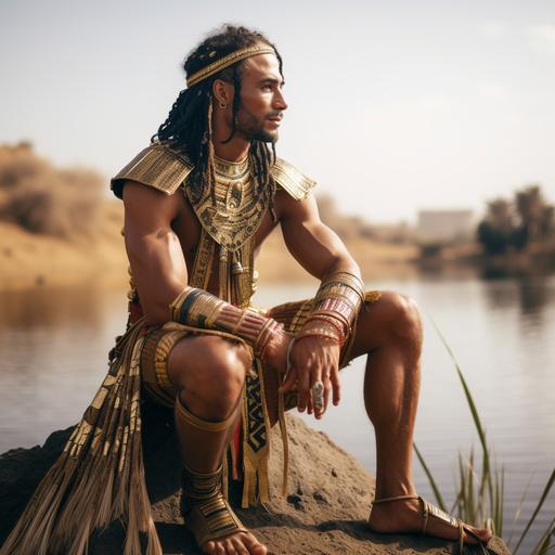 Photo of a handsome male pharaoh , in the Nile river ,looking satisfy, on his knees,his hand on his thigh ,wind, dust, real photography, fujifilm superia, in ancient egypt , full HD, taken on a Canon EOS R5 F1. 2 ISO100 35MM