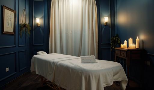 Photo of a massage room with blue walls and candles in the style of white and dark navy wainscoting, and luxurious drapery. high-quality photo --ar 12:7