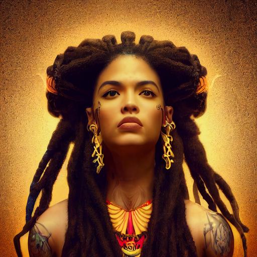 Photo of a perfect beautiful latina woman with dreadlocks, rasta, symmetrical, fantasy character concept, pure, benevolent, strong, portrait, line art, realistic, hyper-maximalist, intricate details, epic composition, golden ratio, CryEngine render, marquee lighting, Photorealistic, Unreal Engine 5 , bright light, Hyper-Realistic, hot, cinematic lighting, photorealistic, Octane Render, In the Art Style of Realism, 85mm detailed big dark eyes, photorealistic, stunning, breathtaking, unreal engine, de-noise, 8k, Ultra-Hd, detailed contrast, glow, field of depth, hyper realistic, photo realistic, --s 5000 --testp --upbeta --upbeta