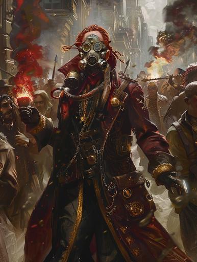 Photo of a red-haired steampunk male Magus in a gas mask leading a crowd. He wears a long coat and leather armor with gold decoration. A flamethrower is on the back of his right hand. He is surrounded by an angry mob in a cyberpunk-style urban fantasy scene --ar 3:4 --v 6.0