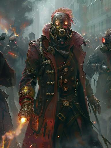 Photo of a red-haired steampunk male Magus in a gas mask leading a crowd. He wears a long coat and leather armor with gold decoration. A flamethrower is on the back of his right hand. He is surrounded by an angry mob in a cyberpunk-style urban fantasy scene --ar 3:4 --v 6.0