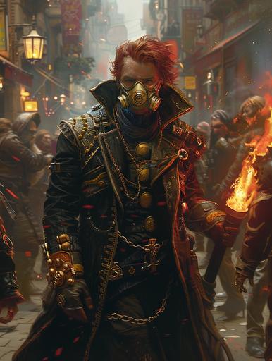 Photo of a red-haired steampunk male Magus in a gas mask leading a crowd. He wears a long coat and leather armor with gold decoration. A flamethrower is on the back of his right hand. He is surrounded by an angry mob in a cyberpunk-style urban fantasy scene --ar 3:4 --v 6.0 --s 277