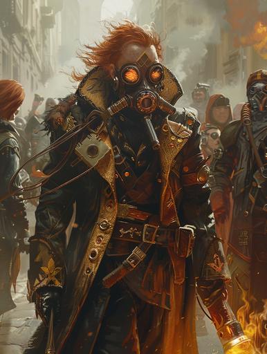 Photo of a red-haired steampunk male Magus in a gas mask leading a crowd. He wears a long coat and leather armor with gold decoration. A flamethrower is on the back of his right hand. He is surrounded by an angry mob in a cyberpunk-style urban fantasy scene --ar 3:4 --v 6.0 --s 277