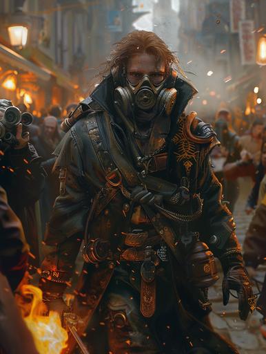 Photo of a red-haired steampunk male Magus in a gas mask leading a crowd. He wears a long coat and leather armor with gold decoration. A flamethrower is on the back of his right hand. He is surrounded by an angry mob in a cyberpunk-style urban fantasy scene --ar 3:4 --v 6.0 --s 277