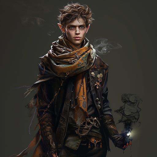 Photo of a standing figure, full body of a male half-elf character, with brown hair and pale complexion, sorcerer, wears a large scarf adorned with various patches, and a leather jacket. black light with smoke comes out of his hand in a magic way, he is controlling de shadows, full body character --v 6.0
