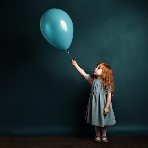 Photo of a young girl in a dark blue dress, standing sideways, looking up, holding a light blue balloon in her hand. empty background.