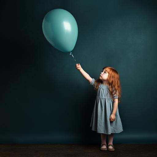 Photo of a young girl in a dark blue dress, standing sideways, looking up, holding a light blue balloon in her hand. empty background.