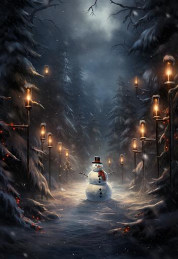 Photo of an snow in the Evening , hyperrealistic, gothic style, dark lightning, Snowman and Christmas trees, --ar 11:16