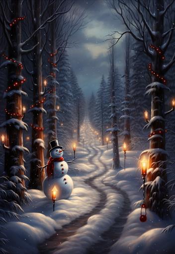 Photo of an snow in the Evening , hyperrealistic, gothic style, dark lightning, Snowman and Christmas trees, --ar 11:16