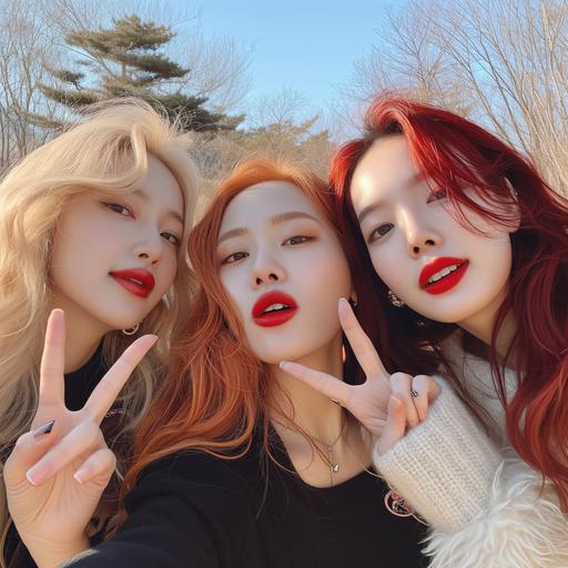 Photo of three women taking a selfie outdoors. They are wearing warm-colored makeup with prominent red lipstick. Each woman has a different hairstyle: one blonde, another with reddish hair, and the last with dark hair. One of them, a mix of Korean and Japanese descent, looks cuter than the other two. They are all making V-signs with friendly and relaxed expressions. One is wearing a black top, another in a fluffy white outfit. The background is outdoors, under bright sunlight. --v 6.0