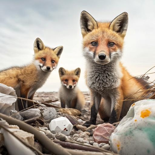 Photo of wildlife, a living red fox living in an abandoned landfill area, she made a nest there and in the nest two toy fox cubs lie on their side - plastic and soft stuffed, the fox herself sits nearby and sensitively guards them as if they were alive, superimposed, photorealistic, ultra-wide angle lens, UHD, 16k, bright and shiny kawaii, depth of field, modern photography, super sharp focus, color correction, 35mm, gamma, assembly, complementary colors, global illumination, reflections, art photography, creative, expressiveness, uniqueness, high quality, Canon EOS 5D Mark DSLR IV, f/5.6, 1/125s, ISO 100, Adobe Photoshop Award, experimental technique, unusual angles, attention to detail --s 250