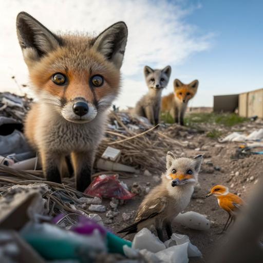 Photo of wildlife, a living red fox living in an abandoned landfill area, she made a nest there and in the nest two toy fox cubs lie on their side - plastic and soft stuffed, the fox herself sits nearby and sensitively guards them as if they were alive, superimposed, photorealistic, ultra-wide angle lens, UHD, 16k, bright and shiny kawaii, depth of field, modern photography, super sharp focus, color correction, 35mm, gamma, assembly, complementary colors, global illumination, reflections, art photography, creative, expressiveness, uniqueness, high quality, Canon EOS 5D Mark DSLR IV, f/5.6, 1/125s, ISO 100, Adobe Photoshop Award, experimental technique, unusual angles, attention to detail --s 250