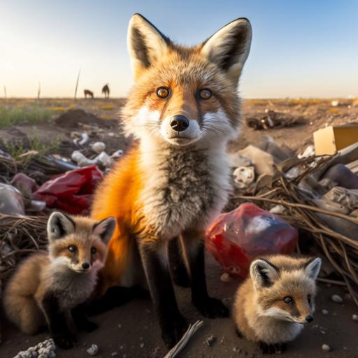 Photo of wildlife, a living red fox living in an abandoned landfill area, she made a nest there and in the nest two toy fox cubs lie on their side - plastic and soft stuffed, the fox herself sits nearby and sensitively guards them as if they were alive, superimposed, photorealistic, ultra-wide angle lens, UHD, 16k, bright and shiny kawaii, depth of field, modern photography, super sharp focus, color correction, 35mm, gamma, assembly, complementary colors, global illumination, reflections, art photography, creative, expressiveness, uniqueness, high quality, Canon EOS 5D Mark DSLR IV, f/5.6, 1/125s, ISO 100, Adobe Photoshop Award, experimental technique, unusual angles, attention to detail --s 250