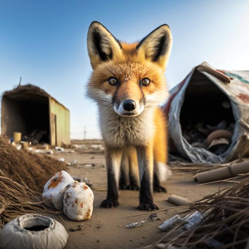 Photo of wildlife, a living red fox living in an abandoned landfill area, she made a nest there and in the nest two toy fox cubs lie on their side - plastic and soft stuffed, the fox herself sits nearby and sensitively guards them as if they were alive, superimposed, photorealistic, ultra-wide angle lens, UHD, 16k, bright and shiny kawaii, depth of field, modern photography, super sharp focus, color correction, 35mm, gamma, assembly, complementary colors, global illumination, reflections, art photography, creative, expressiveness, uniqueness, high quality, Canon EOS 5D Mark DSLR IV, f/5.6, 1/125s, ISO 100, Adobe Photoshop Award, experimental technique, unusual angles, attention to detail --s 250