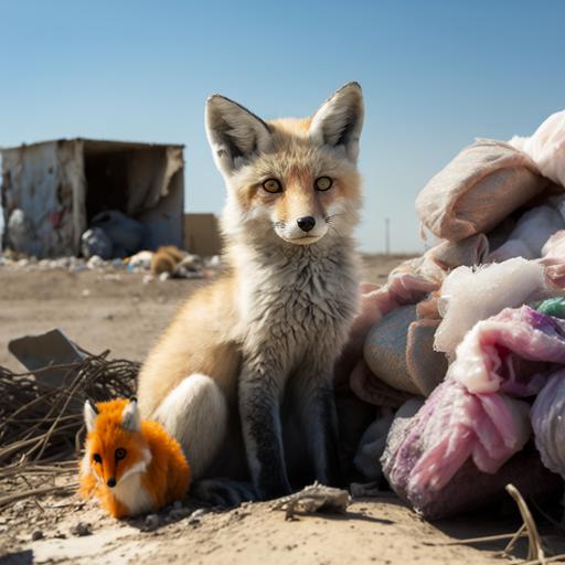 Photo of wildlife, a living red fox living in an abandoned landfill area, she made a nest there and in the nest two toy fox cubs lie on their side - plastic and soft stuffed, the fox herself sits nearby and sensitively guards them as if they were alive, superimposed, photorealistic, ultra-wide angle lens, UHD, 16k, bright and shiny kawaii, depth of field, modern photography, super sharp focus, color correction, 35mm, gamma, assembly, complementary colors, global illumination, reflections, art photography, creative, expressiveness, uniqueness, high quality, Canon EOS 5D Mark DSLR IV, f/5.6, 1/125s, ISO 100, Adobe Photoshop Award, experimental technique, unusual angles, attention to detail --s 250