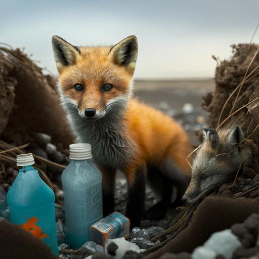 Photo of wildlife, a living red fox living in an abandoned landfill area, she made a nest there and in the nest two toy fox cubs lie on their side - plastic and soft stuffed, the fox herself sits nearby and sensitively guards them as if they were alive, superimposed, photorealistic, ultra-wide angle lens, UHD, 16k, bright and shiny kawaii, depth of field, modern photography, super sharp focus, color correction, 35mm, gamma, assembly, complementary colors, global illumination, reflections, art photography, creative, expressiveness, uniqueness, high quality, Canon EOS 5D Mark DSLR IV, f/5.6, 1/125s, ISO 100, Adobe Photoshop Award, experimental technique, unusual angles, attention to detail --s 250