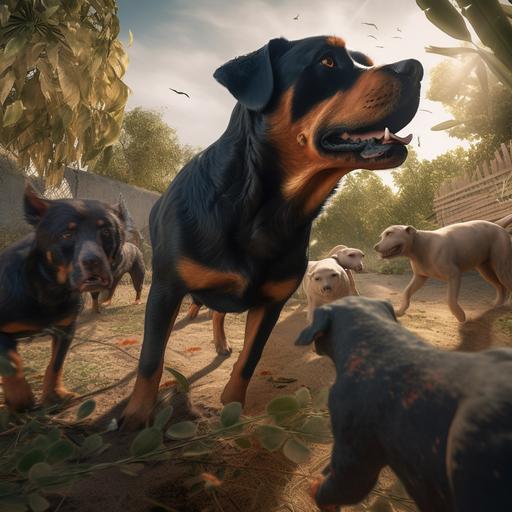 Photo realistic, a pack of rottweilers dog breed attacking animals in a rural area, from below, side view, national geographic, shot with telephoto lense, 8k --v 5 --q 2