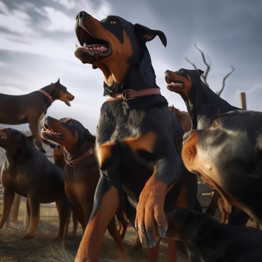 Photo realistic, a pack of rottweilers dog breed attacking animals in a rural area, from below, side view, national geographic, shot with telephoto lense, 8k --v 5 --q 2