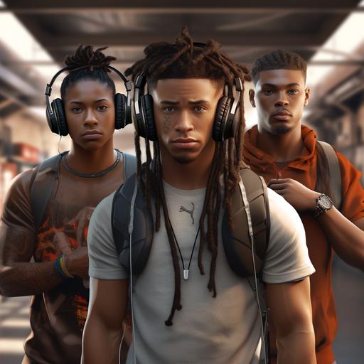 Photo realistic cinematic photo of a 3 Brown skin Male teenagers, one light Skin and other 2 are Brown skin teenagers , nice looking, Slim built,1 has Shoulder length Dreds and the other short hair, standing back to back, looking into camera, one has Headphones on, gym bag on his shoulder, wearing all White tracksuit, the other has boxing gloves hanging from his neck, standing in front of the boxing gym