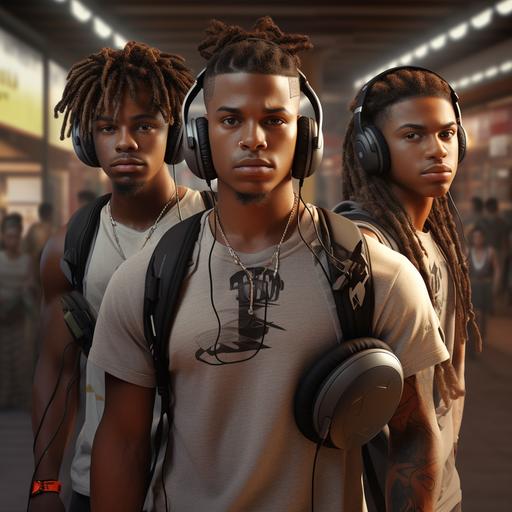 Photo realistic cinematic photo of a 3 Brown skin Male teenagers, one light Skin and other 2 are Brown skin teenagers , nice looking, Slim built,1 has Shoulder length Dreds and the other short hair, standing back to back, looking into camera, one has Headphones on, gym bag on his shoulder, wearing all White tracksuit, the other has boxing gloves hanging from his neck, standing in front of the boxing gym