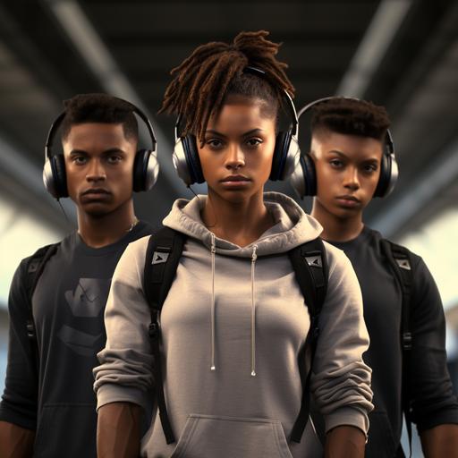 Photo realistic cinematic photo of a 3 Brown skin teenagers, one light Skin and other 2 are Brown skin teenagers , nice looking, Slim built,1 has Shoulder length Dreds and the other short hair, standing back to back, looking into camera, one has Headphones on, gym bag on his shoulder, wearing all White tracksuit, the other has boxing gloves hanging from his neck, standing in front of the boxing gym