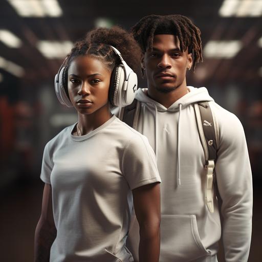 Photo realistic cinematic photo of a Brown skin teenager and light Skin teenager , nice looking, Slim built, Shoulder length Dreds and short hair, standing back to back, looking into camera, one has Headphones on, gym bag on his shoulder, wearing all White tracksuit, the other has boxing gloves hanging from his neck, standing in front of the boxing gym