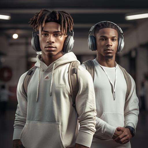 Photo realistic cinematic photo of a Brown skin teenager and light Skin teenager , nice looking, Slim built, Shoulder length Dreds and short hair, standing back to back, looking into camera, one has Headphones on, gym bag on his shoulder, wearing all White tracksuit, the other has boxing gloves hanging from his neck, standing in front of the boxing gym