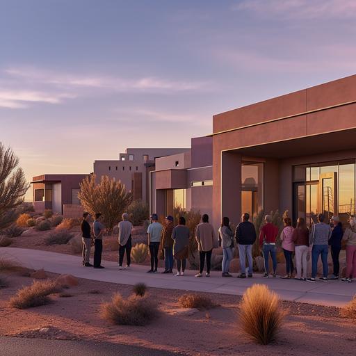 Photo realistic image of a large group of young people lining up to tour a modern home for sale in Albuquerque, New Mexico in 2023. Lighting: Morning with clear blue skies, Colors: Adobe reds, desert browns, and purplish hues. --ar 1:1 --v 5.1 --style raw --s 750