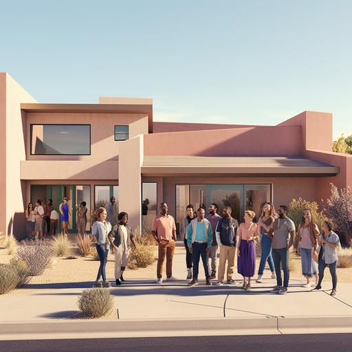 Photo realistic image of a large group of young people standing outside a modern home for sale in Albuquerque, New Mexico in 2023. Lighting: Morning with clear blue skies, Colors: Adobe reds, desert browns, and purplish hues. --ar 1:1 --v 5.1 --style raw --s 750