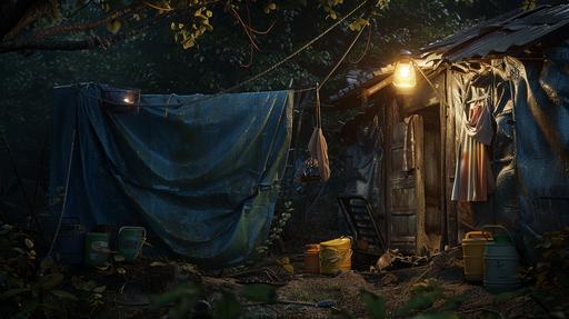 Photo realistic image of an indian settlement of 5 tarpaulin house , water cans outside , clothes hanging outside on rope , tungsten bulb outside house , night time , --ar 16:9