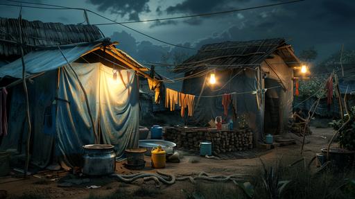 Photo realistic image of an indian settlement of 5 tarpaulin house , water cans outside , clothes hanging outside on rope , tungsten bulb outside house , night time , --ar 16:9