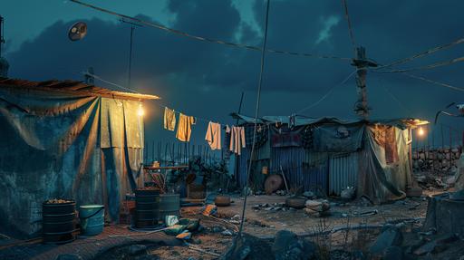 Photo realistic image of an indian settlement of 5 tarpaulin house , clustrophobic space , water cans outside , clothes hanging outside on rope , tungsten bulb outside house , night time , --ar 16:9