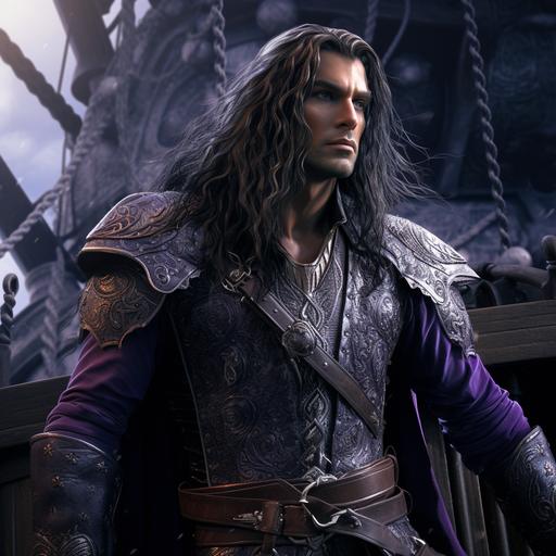 Photo realistic native looking male elf ship captain with pointed ears in hyper detailed dark amethyst purple filagree and baroque armor and cloak, he stands at the fore of a intricately detailed elven naval ship, his hair is braided and intricately woven with sea shells, cinematic fantasy ship background, beautiful blue ocean background, unreal engine, high fantasy dungeons and dragons, other elf sailors simarly dressed in background