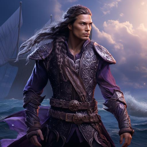 Photo realistic native looking male elf ship captain with pointed ears in hyper detailed dark amethyst purple filagree and baroque armor and cloak, he stands at the fore of a intricately detailed elven naval ship, his hair is braided and intricately woven with sea shells, cinematic fantasy ship background, beautiful blue ocean background, unreal engine, high fantasy dungeons and dragons, other elf sailors simarly dressed in background