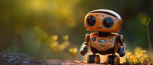 Photo-realistic photo of a cute, happy, smiling toy robot. Golden hour. Aperture 1.4 --style raw --ar 21:9