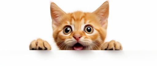Photo-realistic photo of a red happy kitten's face. White background. --style raw --ar 21:9