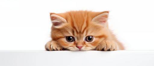 Photo-realistic photo of a red sad kitten's face. White background. --style raw --ar 21:9